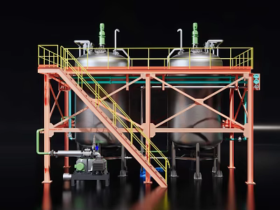 Industrial Storage Tanks With Metal Framework Staircases Pipes And Top Fixtures 3d model