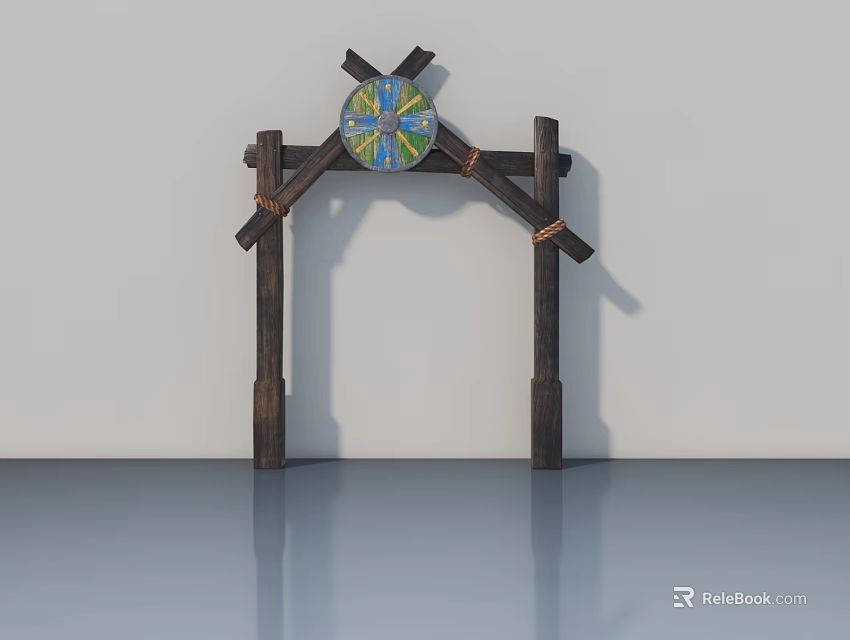 Wooden Swing Door With Decorative Cross Beams And Colorful Circular Panel 3d model 
