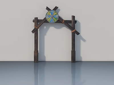 Wooden Swing Door With Decorative Cross Beams And Colorful Circular Panel 3d model