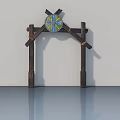 Wooden Swing Door With Decorative Cross Beams And Colorful Circular Panel