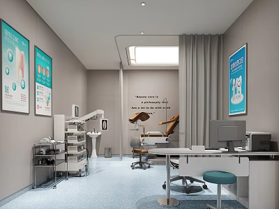 Clean Dental Clinic Interior With Medical Equipment Dental Chair And Wall Posters 3d model