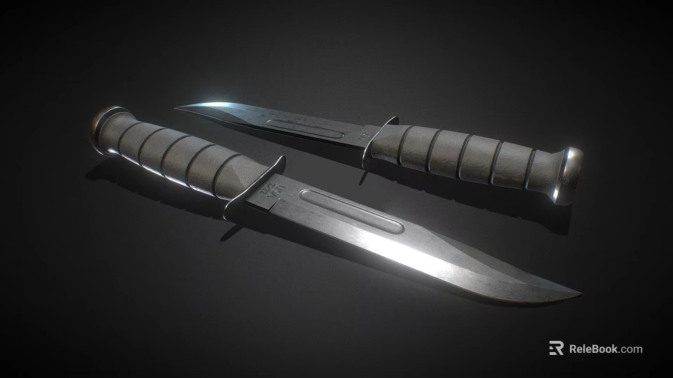 Two Sharp Knives With Textured Handles And Shiny Metal Blades On Dark Background 3d model 
