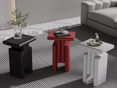 Three Stylish Black Red White Side Tables In Living Room With Plant Tray And Cup 3d model