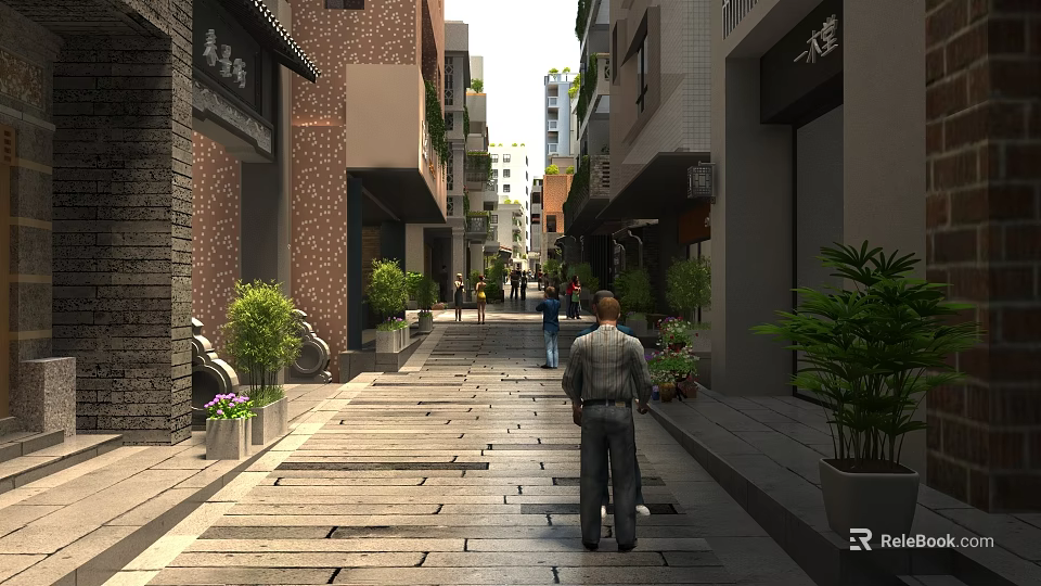 Historic Commercial Street With Traditional Architecture Stone Paved Path Greenery And Pedestrians Near Local Shops 3d model 