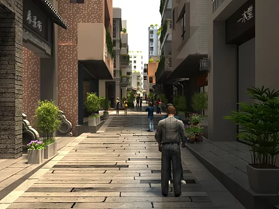 Historic Commercial Street With Traditional Architecture Stone Paved Path Greenery And Pedestrians Near Local Shops 3d model