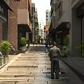 Historic Commercial Street With Traditional Architecture Stone Paved Path Greenery And Pedestrians Near Local Shops