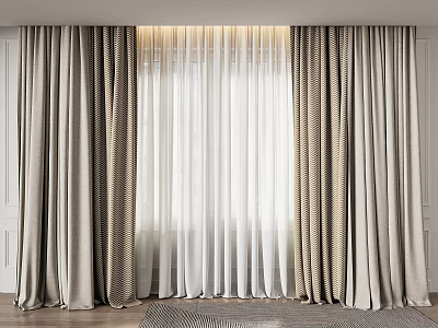 Elegant Layered Curtains With Textured Fabric And Sheer White Panels For Modern Window 3d model