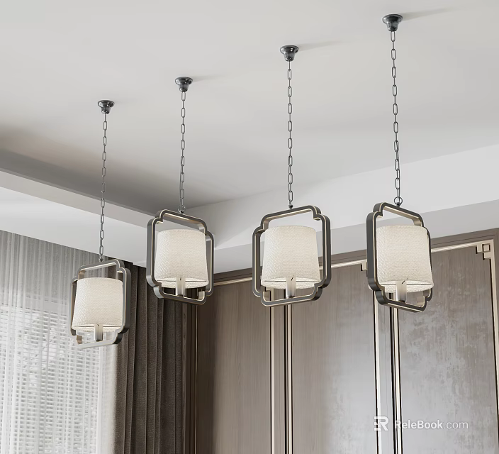 Modern Chinese Style Pendant Lights With Metal Frame And White Lampshade In Indoor Space 3d model 
