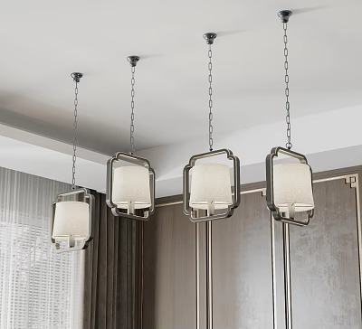 Modern Chinese Style Pendant Lights With Metal Frame And White Lampshade In Indoor Space 3d model