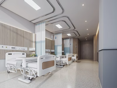 Modern Hospital Ward Interior With Beds Curtains And Medical Equipment 3d model