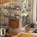 Modern Kitchen Wall Mounted Shelves With Kitchenware Knives Pots Cutting Board And Coffee Machine