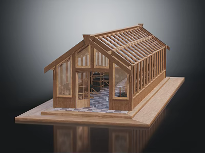 Wooden House Model With Glass Windows Sloped Roof And Visible Interior On Wooden Base 3d model
