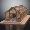 Wooden House Model With Glass Windows Sloped Roof And Visible Interior On Wooden Base
