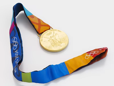Olympic Gold Medal With Colorful Ribbon And 2024 Emblem Design 3d model