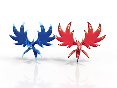Blue And Red Winged Decorative Sculptures With Flame Like Feathers Design 3d model