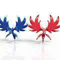 Blue And Red Winged Decorative Sculptures With Flame Like Feathers Design