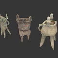 Ancient Bronze Sculptures With Three Legs And Intricate Carvings On White Background