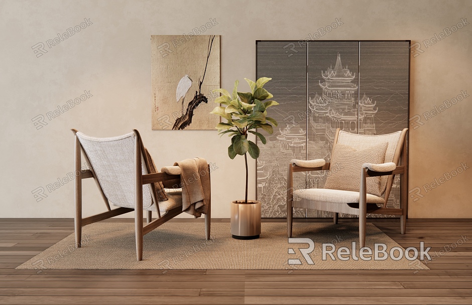 New Chinese Style Leisure Chair Screen Decorative Painting Hanging Painting Piano Leaf Banyan Potted Plant model