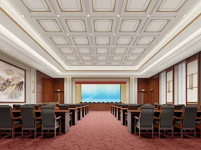 Traditional Chinese Style Conference Room With Wooden Walls Red Carpet And Decorative Painting 3d model