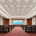 Traditional Chinese Style Conference Room With Wooden Walls Red Carpet And Decorative Painting