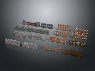 Various Material Garden Fence Components Including Wood Stone And Brick Panels 3d model