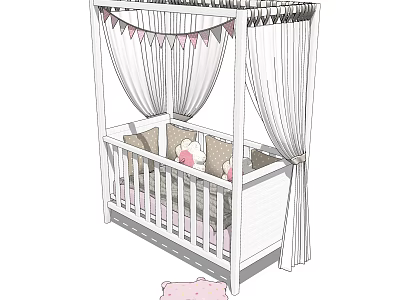 White Baby Crib With Canopy Frilled Curtains Pink Bedding And Stuffed Toys 3d model