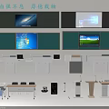 Classroom Teaching Equipment Setup With Podium Desks Chairs Projector Screens And Microphones