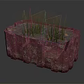 Green Grass Like Plants Growing In Red Rectangular Stone Planter With Mottled Texture