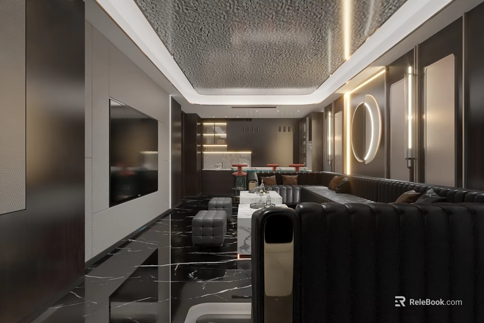 Modern KTV Interior Design With Black Sofa Marble Floor And Round Decorative Light 3d model 