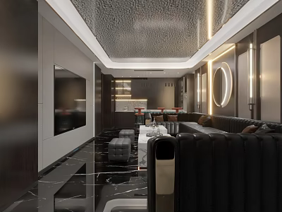 Modern KTV Interior Design With Black Sofa Marble Floor And Round Decorative Light 3d model
