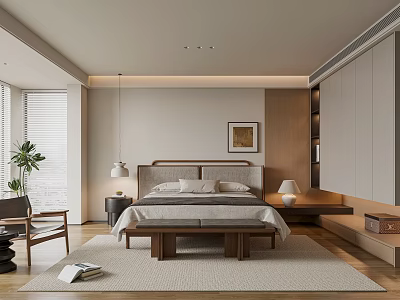 Modern Bedroom Interior Design With Comfortable Bed Nightstand Lighting Rug And Window Blinds 3d model