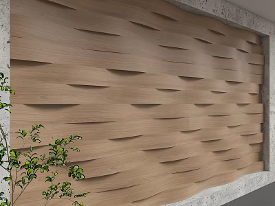 Wooden Background Wall Featuring Wave Shaped Slats With Concrete Frame And Green Plants 3d model