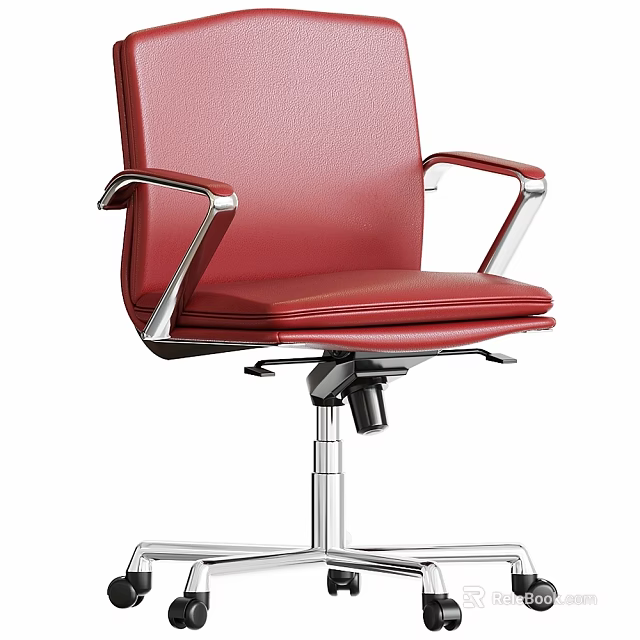 Red Leather Office Desk and Chair Set with Silver Metal Armrests and Sturdy Base 3d model 
