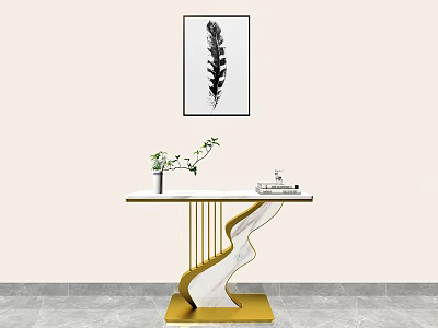 Elegant Modern Console Table With Marble Top Golden Base Green Plant And Feather Wall Art 3d model