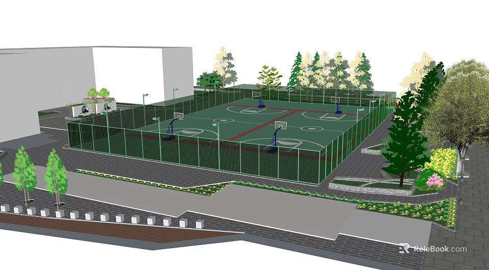 Outdoor Basketball Court With Multiple Hoops Enclosed Fence Surrounding Trees And Lighting Poles 3d model 