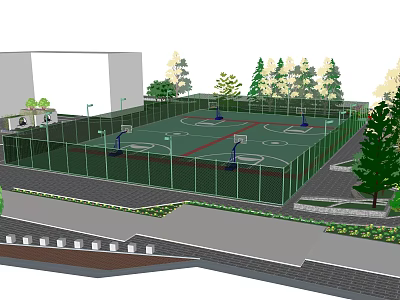 Outdoor Basketball Court With Multiple Hoops Enclosed Fence Surrounding Trees And Lighting Poles 3d model