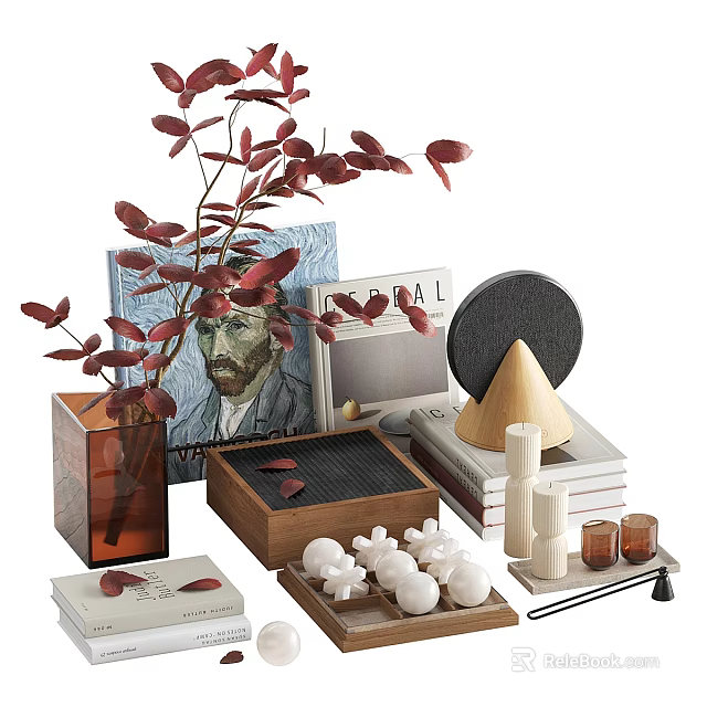 Elegant Decorative Ornament Set With Red Leaf Plant Books Van Gogh Painting And Wooden Ornaments 3d model 