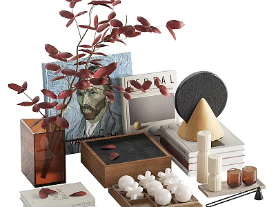 Elegant Decorative Ornament Set With Red Leaf Plant Books Van Gogh Painting And Wooden Ornaments 3d model