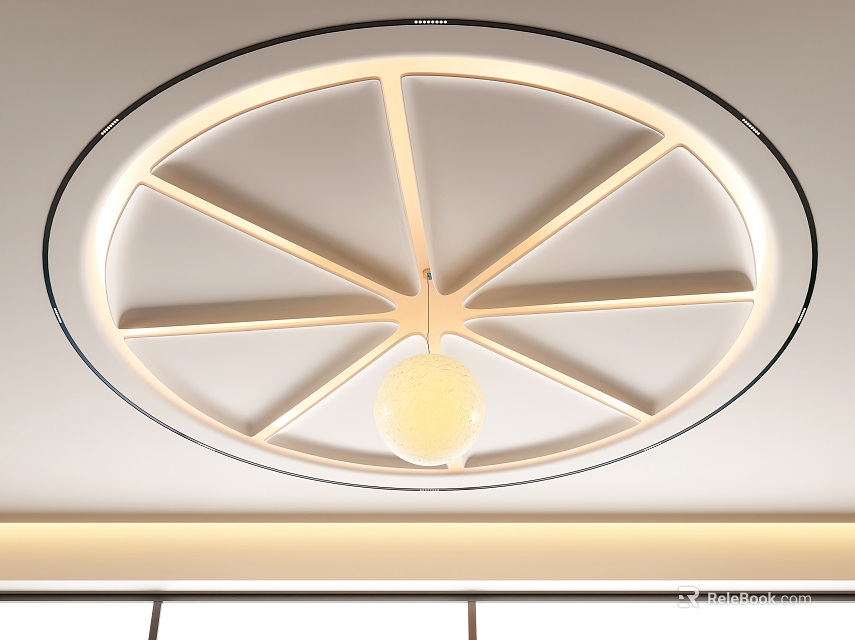 Elegant Modern Ceiling Design With Circular Frame Radial Lines Pendant Light And Recessed Lighting 3d model 