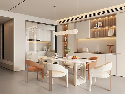 Modern Restaurant Interior Design With White Dining Table Orange White Chairs And Pendant Lights 3d model