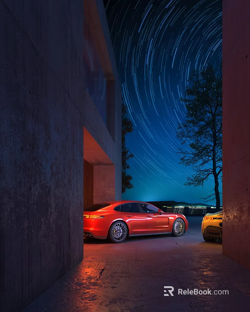 Red Sports Car Parked Near Building Under Starry Night Sky 3d model 