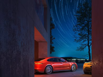 Red Sports Car Parked Near Building Under Starry Night Sky 3d model