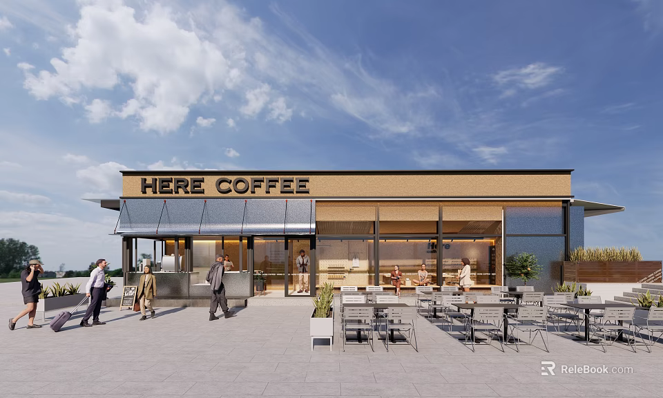 Modern Cafe Exterior With Glass Windows Outdoor Seating And Bright Atmosphere 3d model 