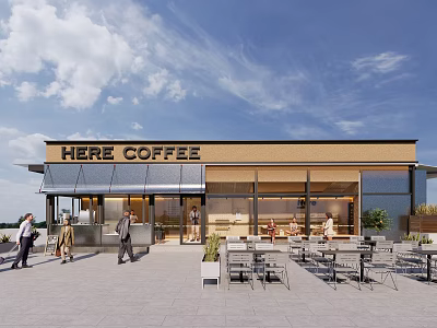 Modern Cafe Exterior With Glass Windows Outdoor Seating And Bright Atmosphere 3d model