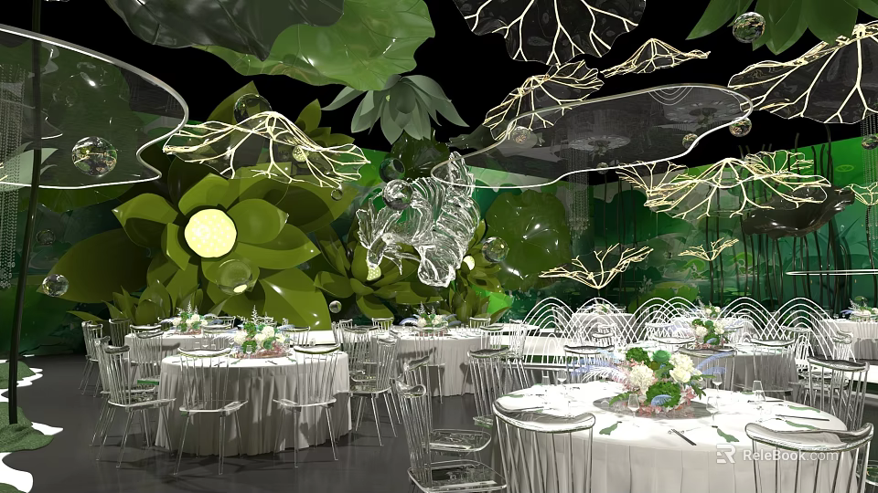 Lush Green Themed Banquet Hall With Leaf Shaped Decor White Tablecloths And Flower Centerpieces 3d model 