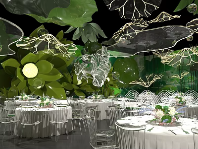 Lush Green Themed Banquet Hall With Leaf Shaped Decor White Tablecloths And Flower Centerpieces 3d model