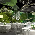Lush Green Themed Banquet Hall With Leaf Shaped Decor White Tablecloths And Flower Centerpieces 3d model