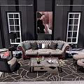 Modern Sofa and Coffee Table Set with Armchair Patterned Rug Windows and Wall Art 3d model