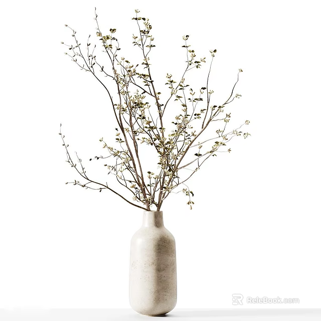 Floral Art Display In Minimalist Natural Style With White Vase Branches And Small Leaves 3d model 