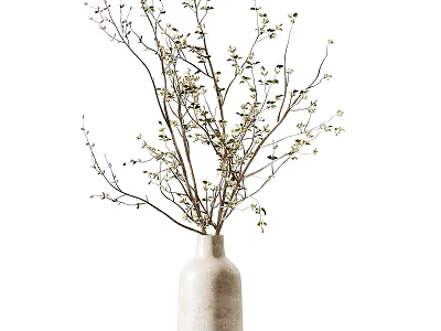 Floral Art Display In Minimalist Natural Style With White Vase Branches And Small Leaves 3d model